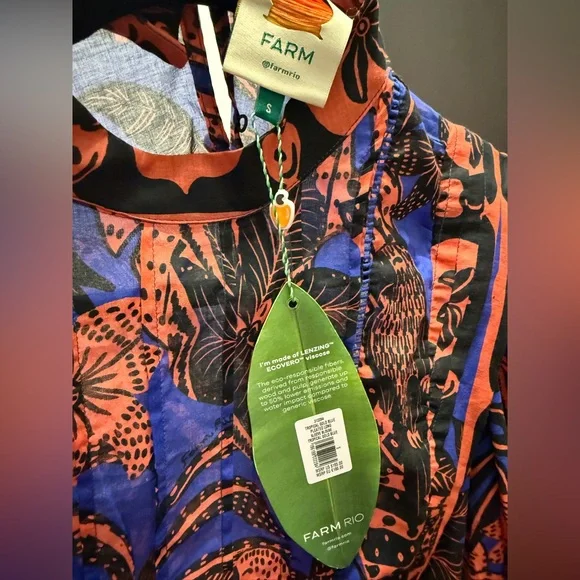 [NWT] $165 FARM RIO Tropical Gold Blue Pleated Long Sleeve Blouse. Size Small - Picture 12 of 12